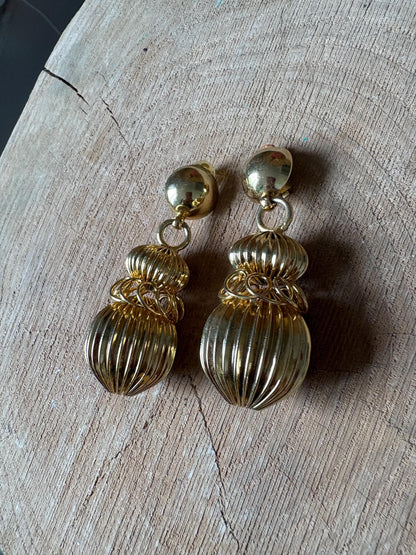 Vintage Gold Tone Statement Earrings, Large Dangle Clip On Earrings, Sculptural Retro Glam Party Wedding Jewellery Gift