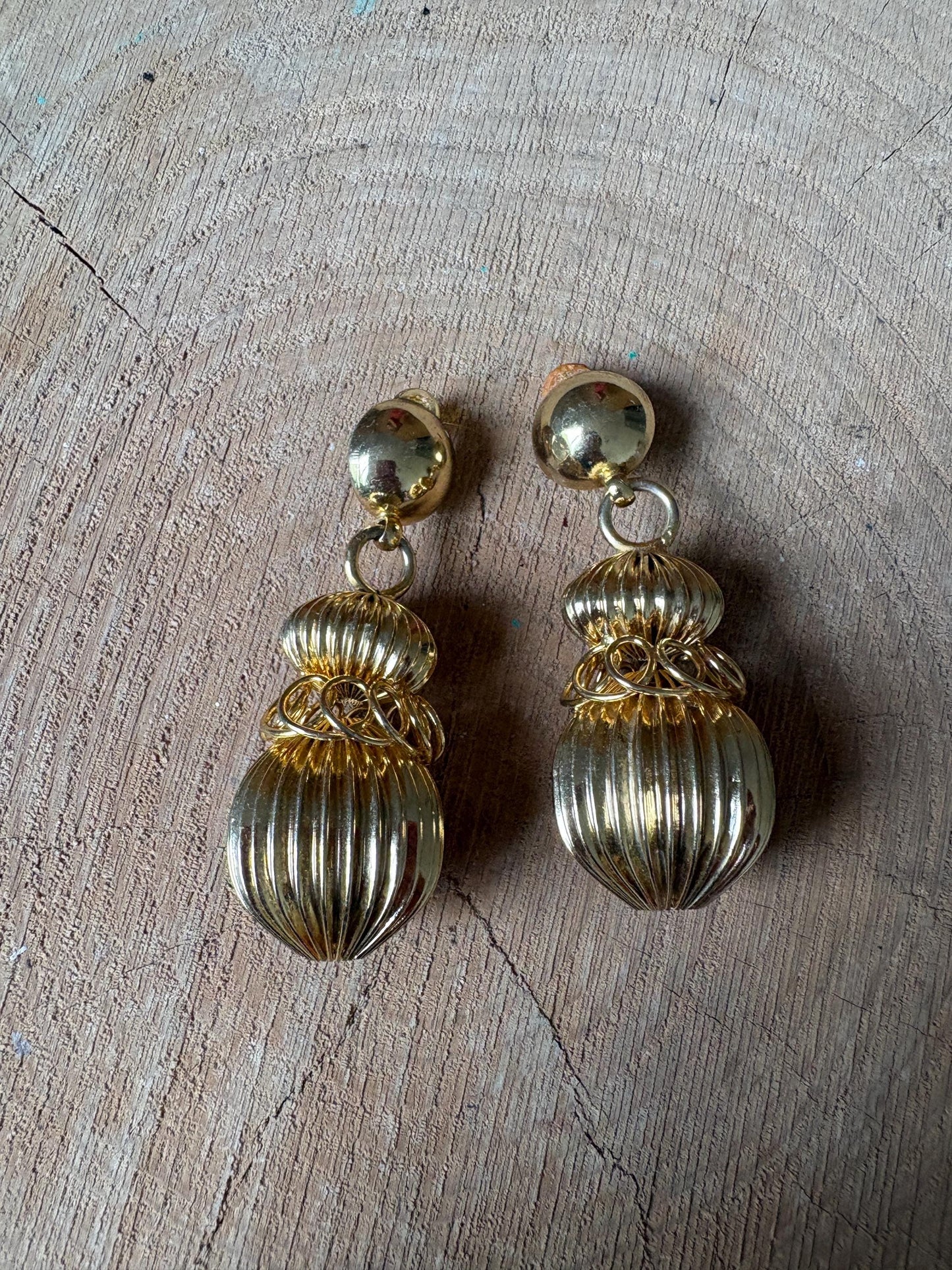 Vintage Gold Tone Statement Earrings, Large Dangle Clip On Earrings, Sculptural Retro Glam Party Wedding Jewellery Gift