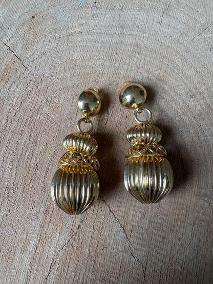 Vintage Gold Tone Statement Earrings, Large Dangle Clip On Earrings, Sculptural Retro Glam Party Wedding Jewellery Gift