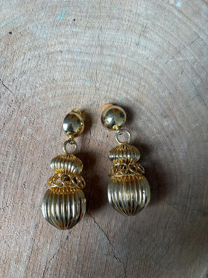 Vintage Gold Tone Statement Earrings, Large Dangle Clip On Earrings, Sculptural Retro Glam Party Wedding Jewellery Gift