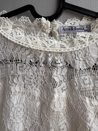 Lace woman Blouse, Romantic Cream Top, Coquette Feminine Sheer shirt, Boho Chic camisole, S