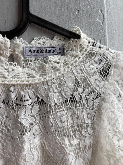 Lace woman Blouse, Romantic Cream Top, Coquette Feminine Sheer shirt, Boho Chic camisole, S