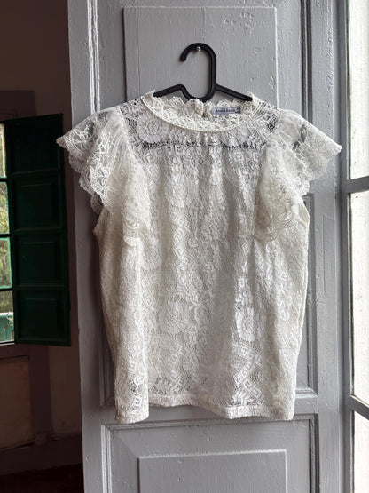 Lace woman Blouse, Romantic Cream Top, Coquette Feminine Sheer shirt, Boho Chic camisole, S