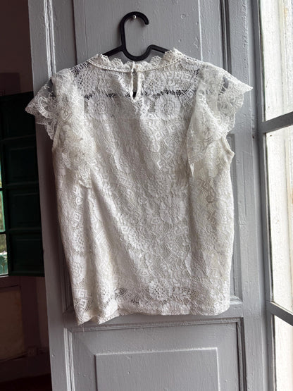 Lace woman Blouse, Romantic Cream Top, Coquette Feminine Sheer shirt, Boho Chic camisole, S