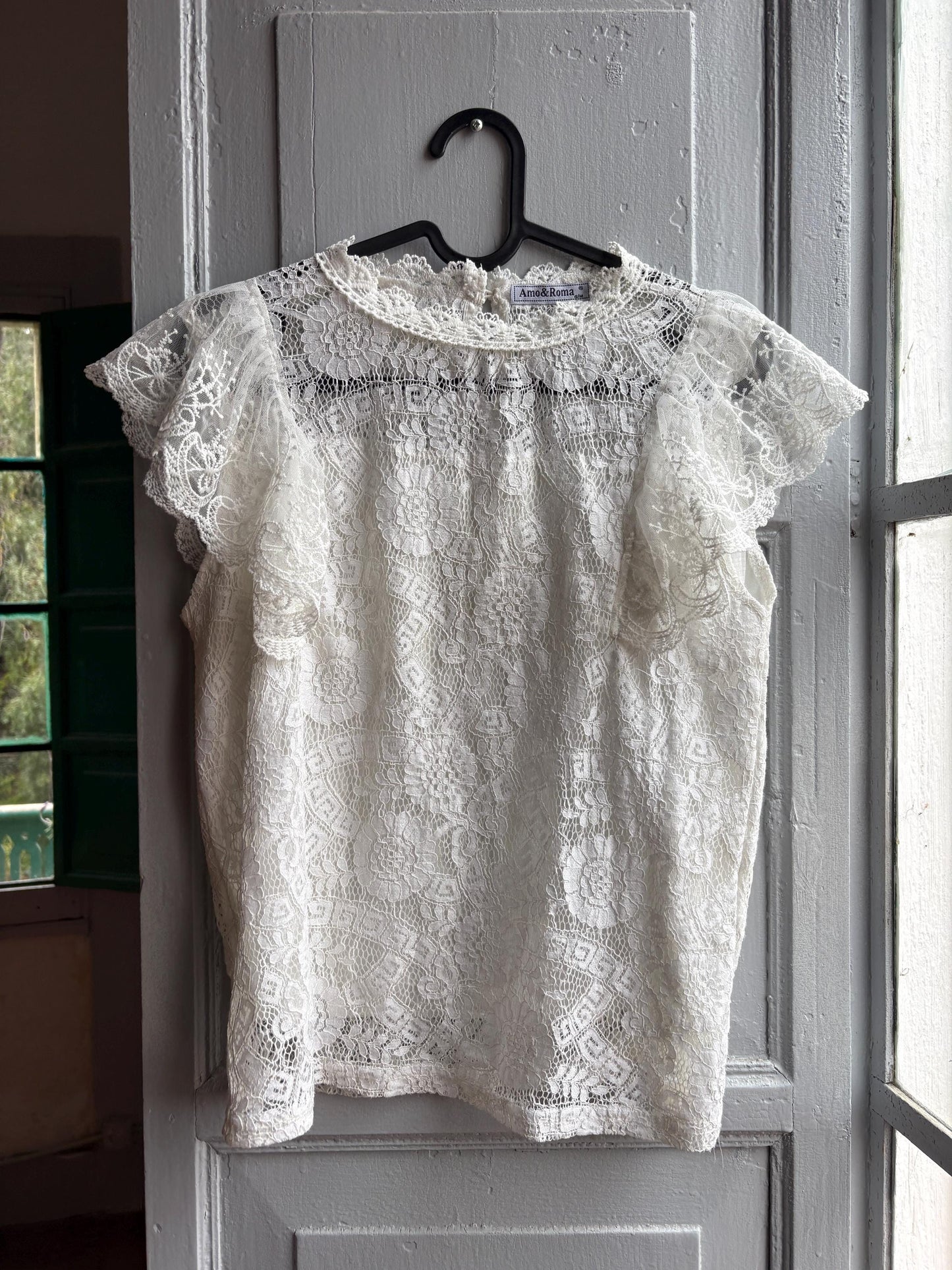 Lace woman Blouse, Romantic Cream Top, Coquette Feminine Sheer shirt, Boho Chic camisole, S