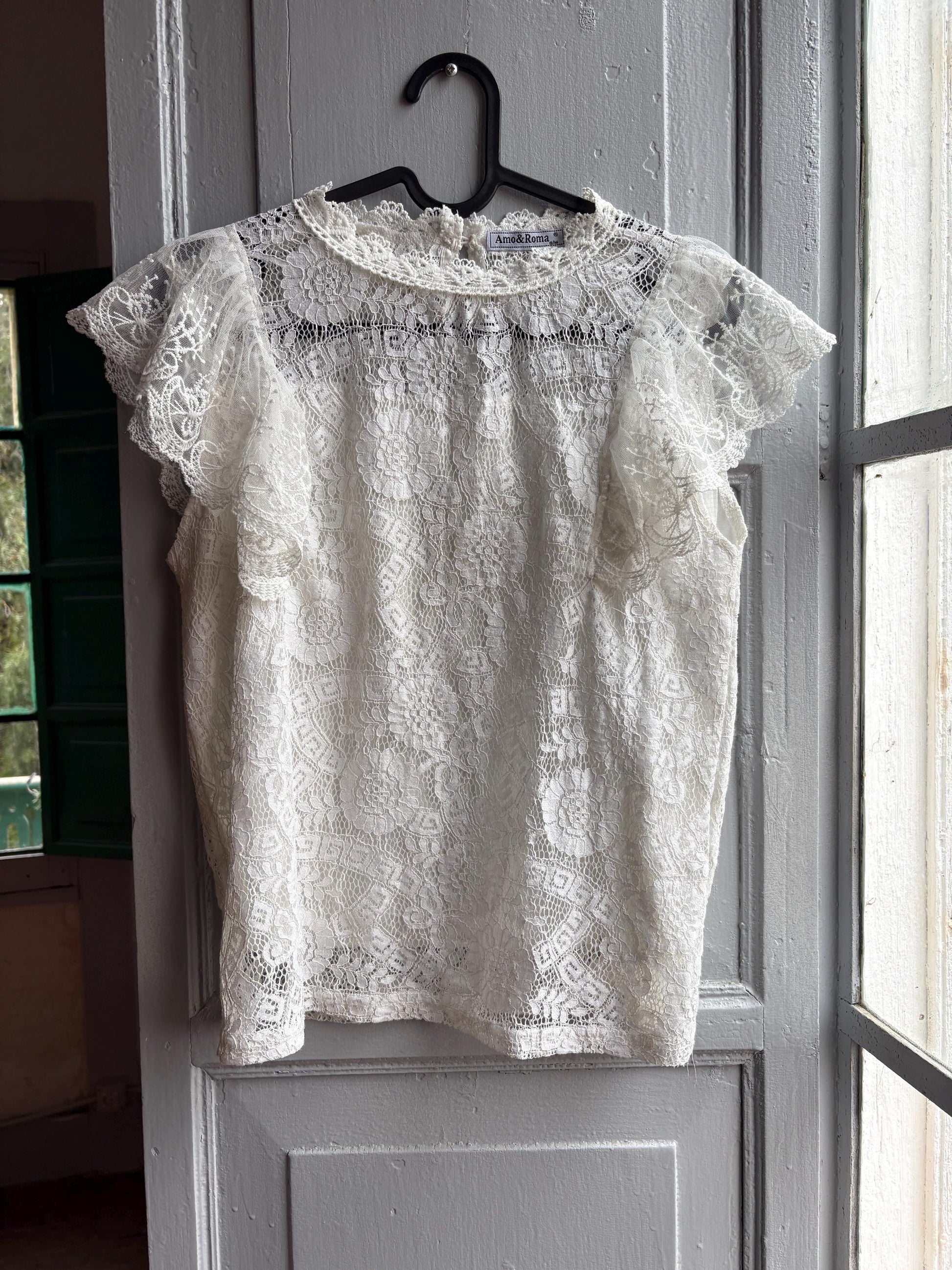Lace woman Blouse, Romantic Cream Top, Coquette Feminine Sheer shirt, Boho Chic camisole, S
