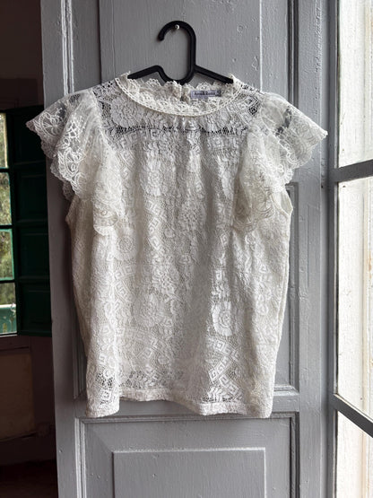 Lace woman Blouse, Romantic Cream Top, Coquette Feminine Sheer shirt, Boho Chic camisole, S