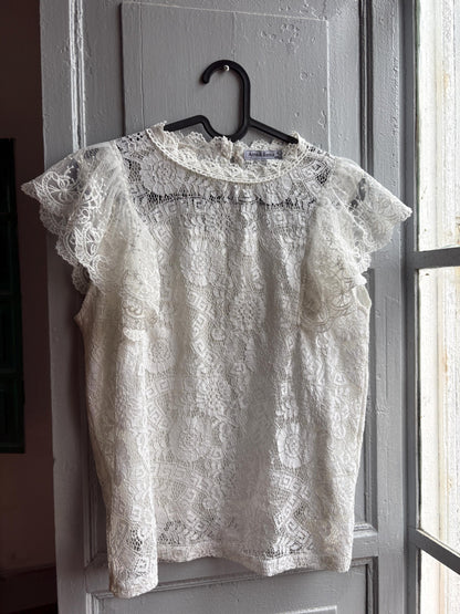 Lace woman Blouse, Romantic Cream Top, Coquette Feminine Sheer shirt, Boho Chic camisole, S