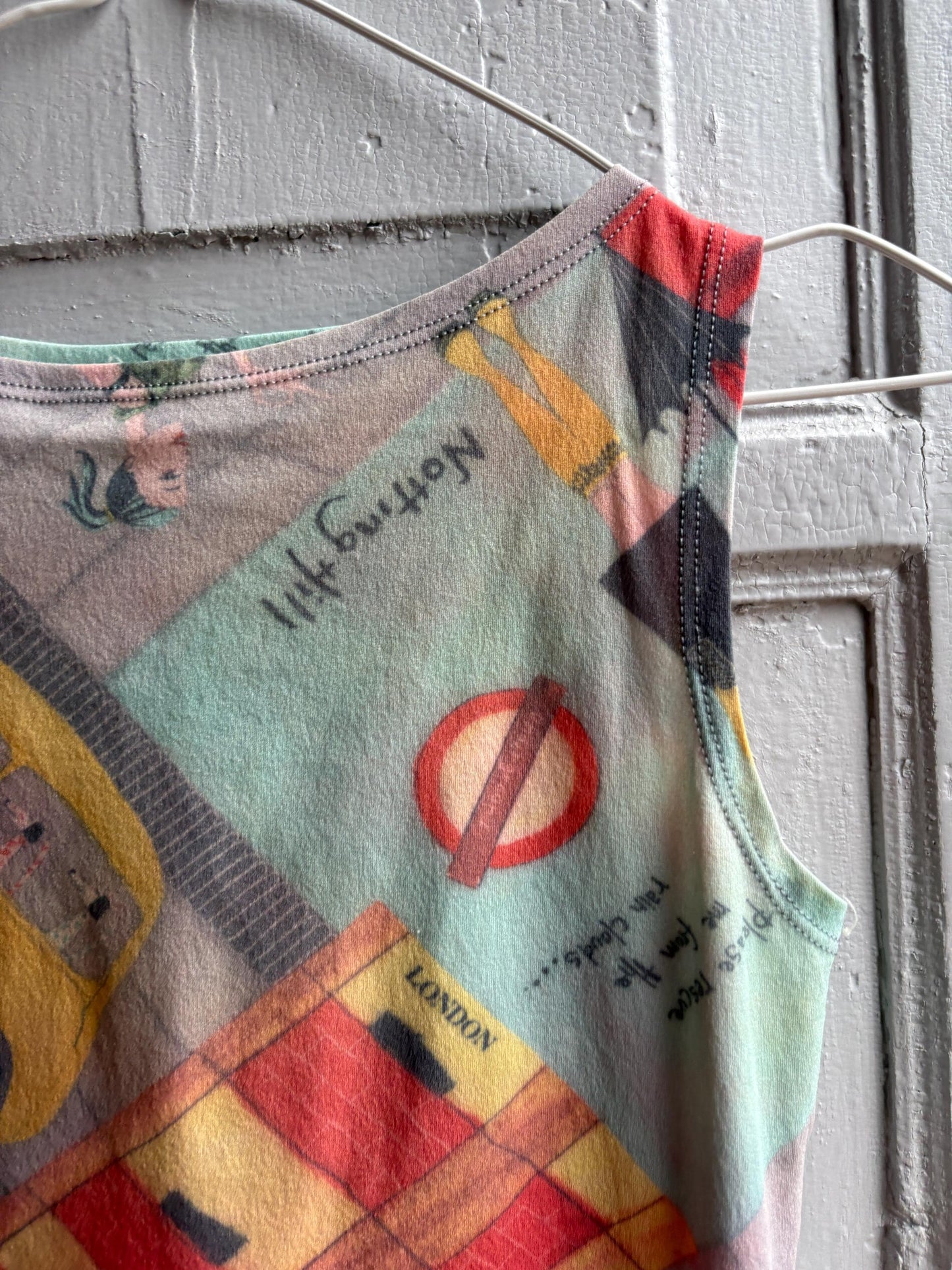 Y2K London Mesh Top, Vintage Graphic Tank, Sheer Printed Club wear, Kid Indie Sleaze fit, S