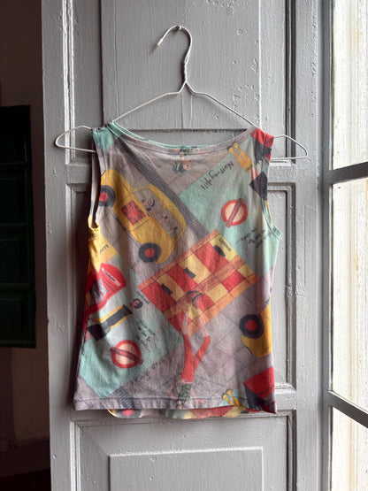 Y2K London Mesh Top, Vintage Graphic Tank, Sheer Printed Club wear, Kid Indie Sleaze fit, S