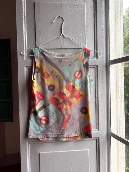 Y2K London Mesh Top, Vintage Graphic Tank, Sheer Printed Club wear, Kid Indie Sleaze fit, S