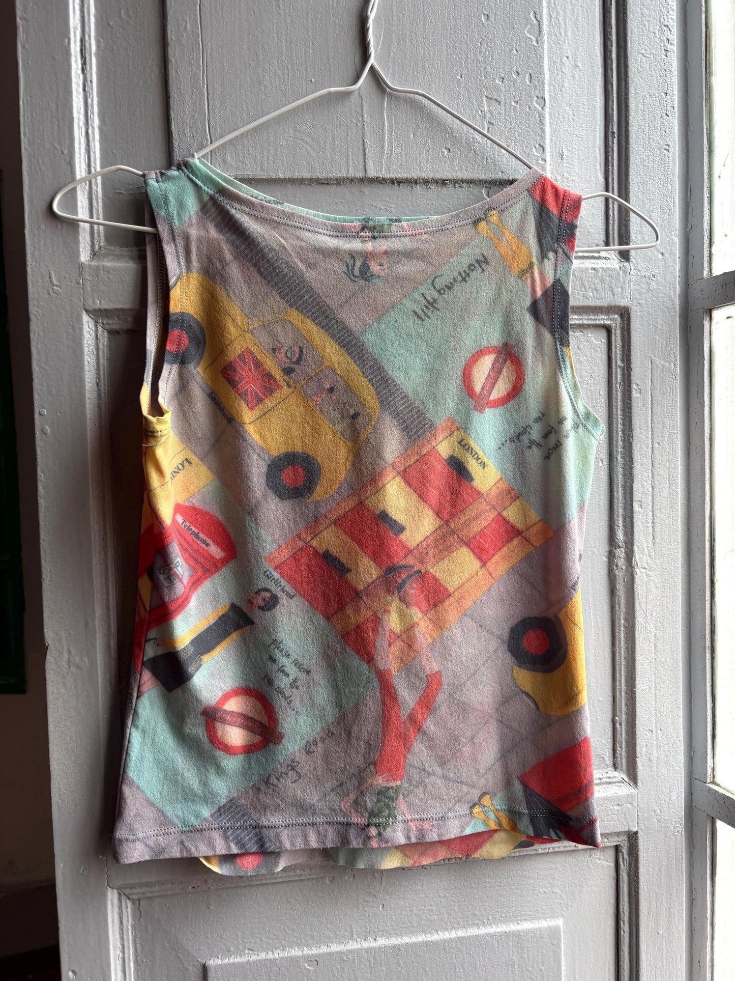 Y2K London Mesh Top, Vintage Graphic Tank, Sheer Printed Club wear, Kid Indie Sleaze fit, S