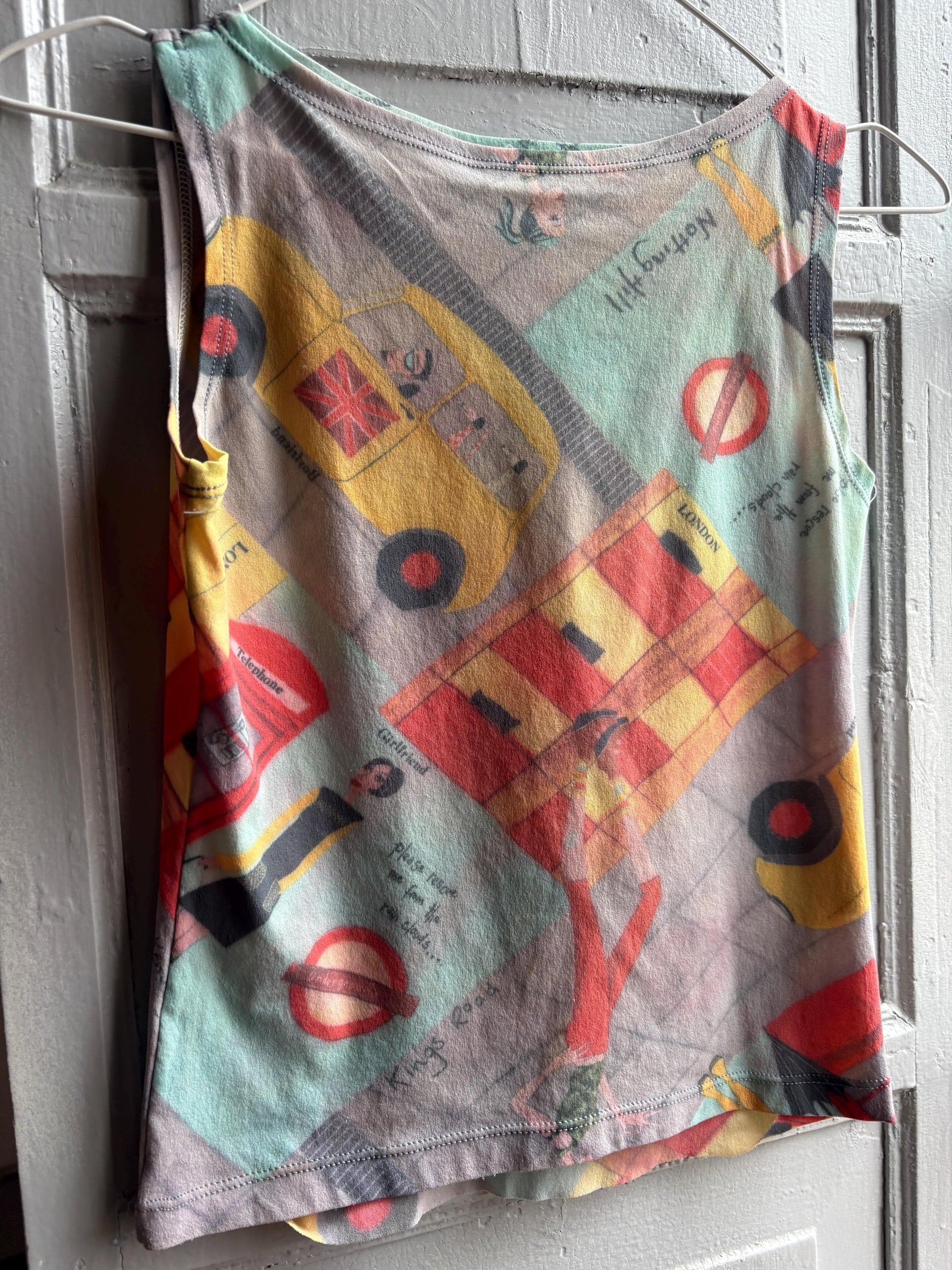 Y2K London Mesh Top, Vintage Graphic Tank, Sheer Printed Club wear, Kid Indie Sleaze fit, S