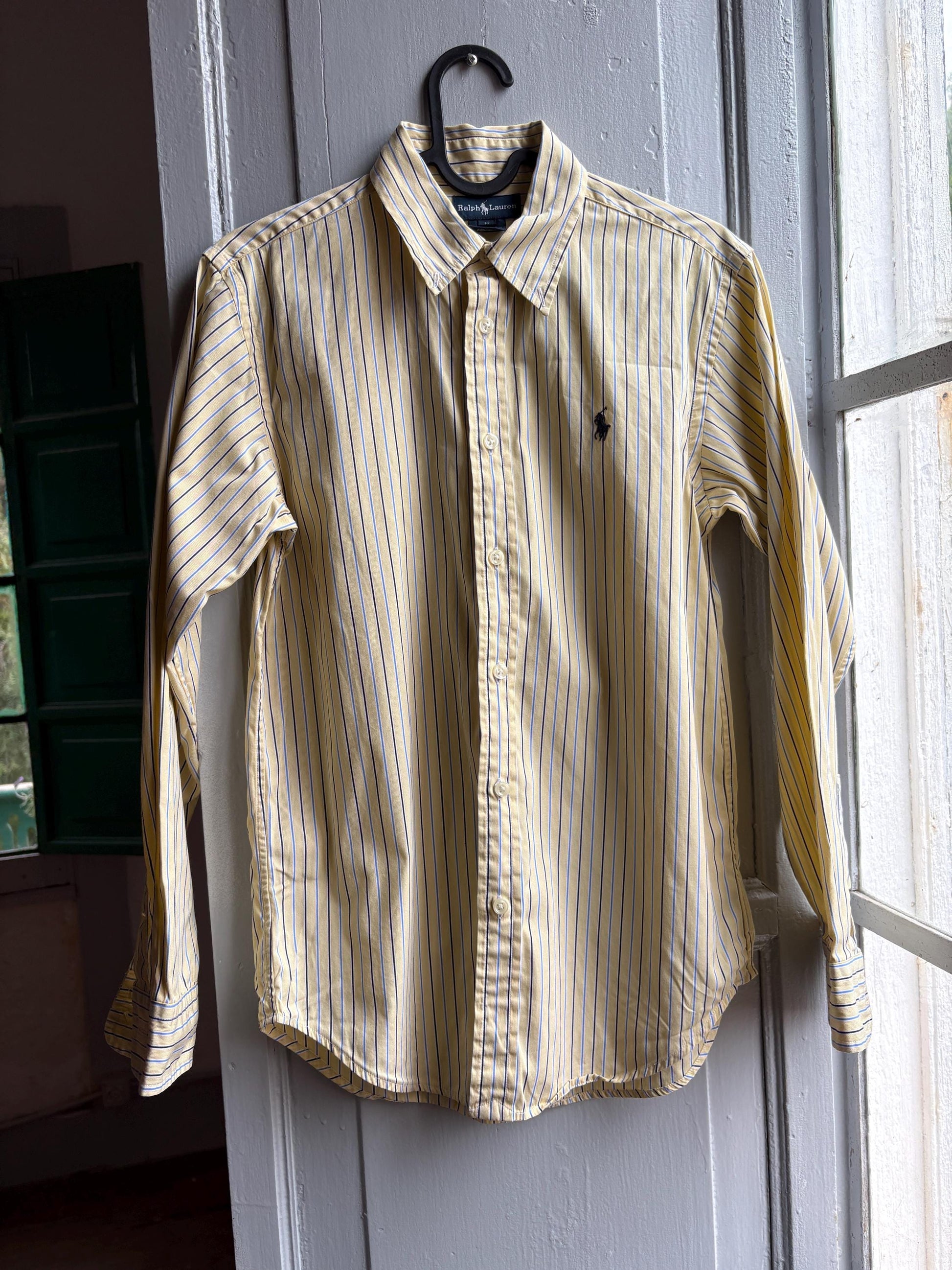 Ralph Lauren Boys Shirt, Striped Button Down, Preppy Old Money Cotton Shirt, Youth 16 Yellow Blue Vintage wear