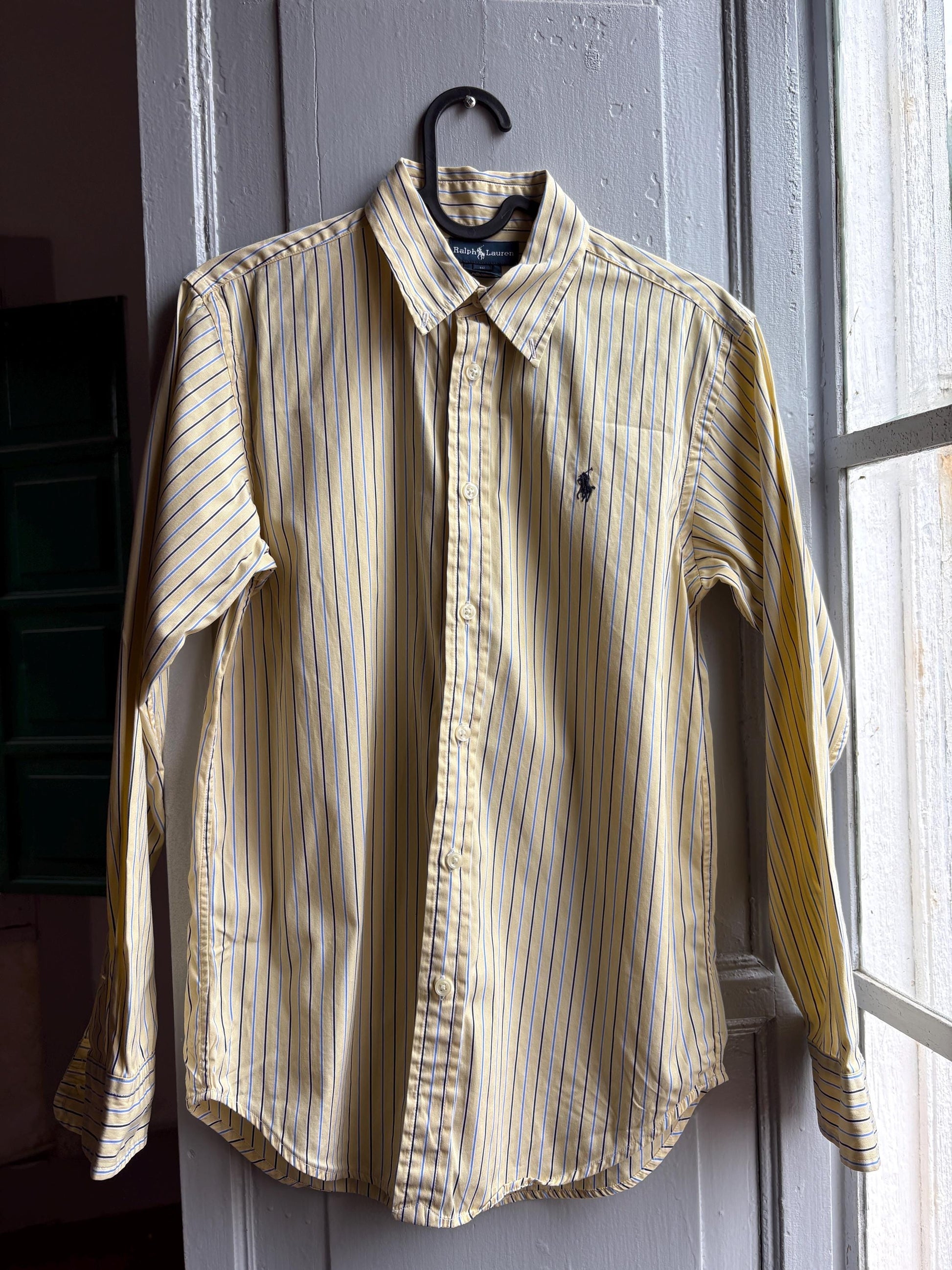Ralph Lauren Boys Shirt, Striped Button Down, Preppy Old Money Cotton Shirt, Youth 16 Yellow Blue Vintage wear