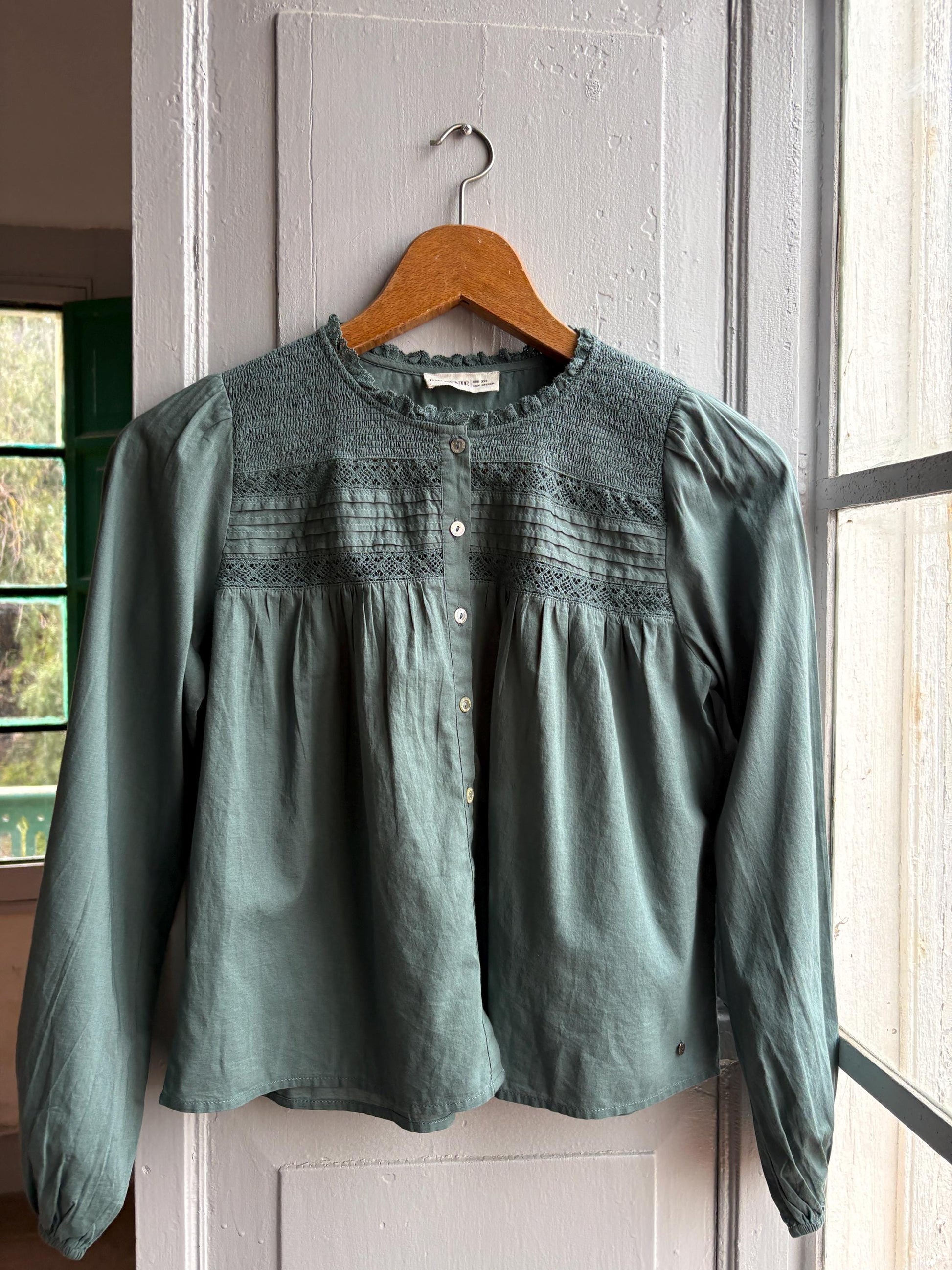 Romantic Sage Green Cotton Blouse, Womens size XXS Prairie Top, Cottagecore Feminine Button Shirt