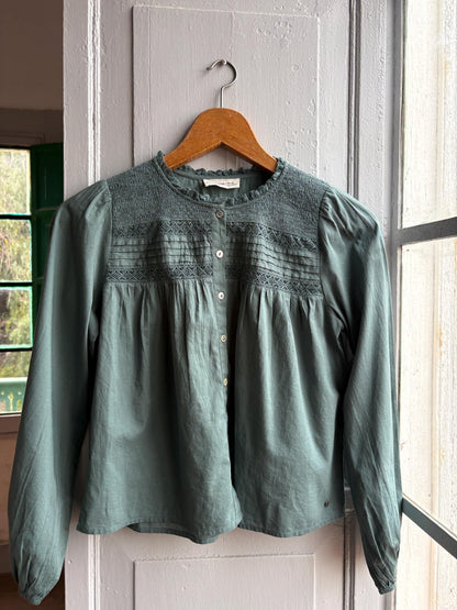 Romantic Sage Green Cotton Blouse, Womens size XXS Prairie Top, Cottagecore Feminine Button Shirt