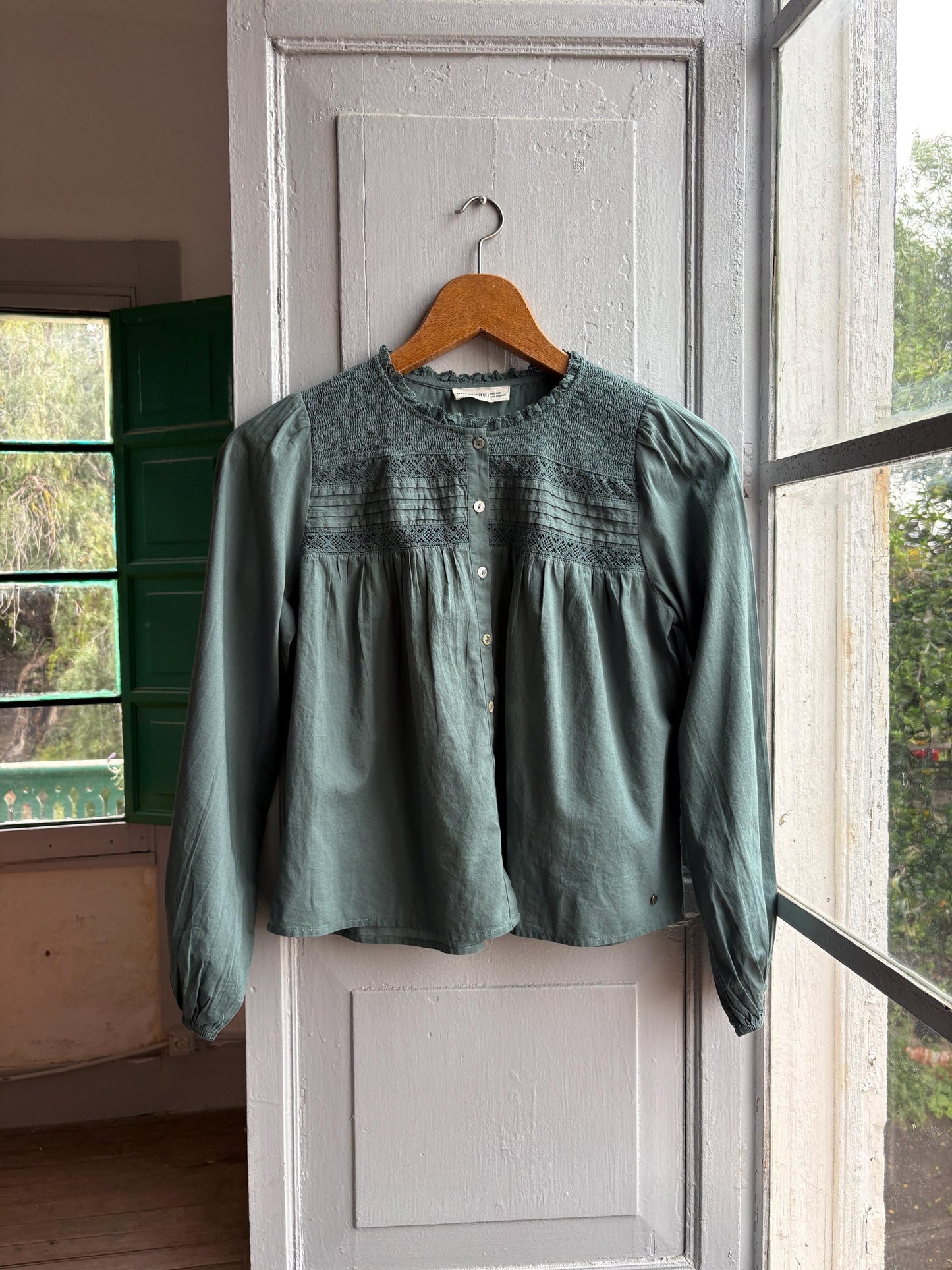 Romantic Sage Green Cotton Blouse, Womens size XXS Prairie Top, Cottagecore Feminine Button Shirt