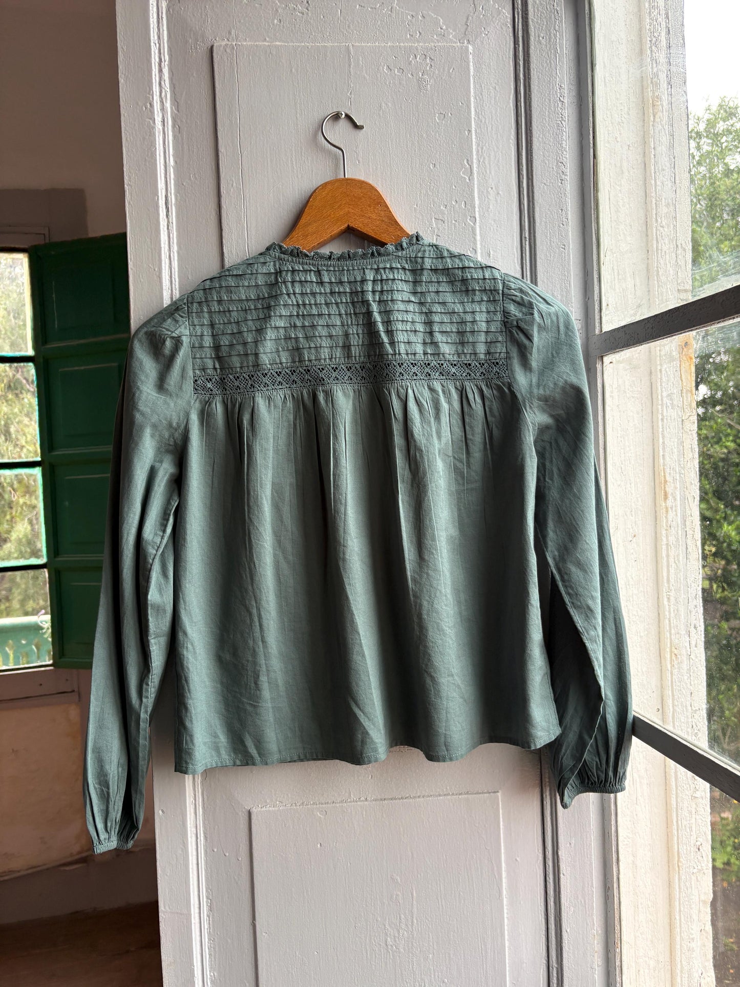 Romantic Sage Green Cotton Blouse, Womens size XXS Prairie Top, Cottagecore Feminine Button Shirt