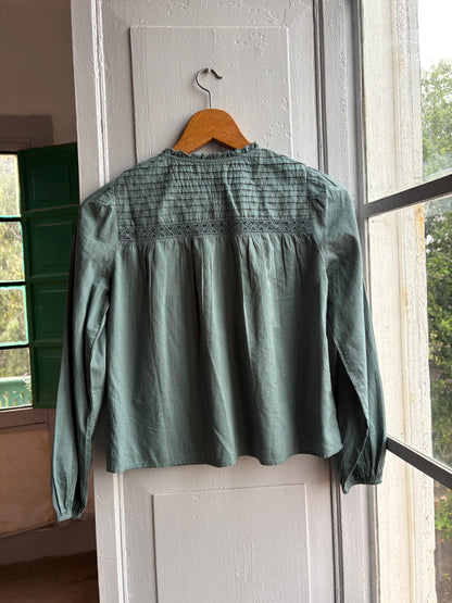 Romantic Sage Green Cotton Blouse, Womens size XXS Prairie Top, Cottagecore Feminine Button Shirt