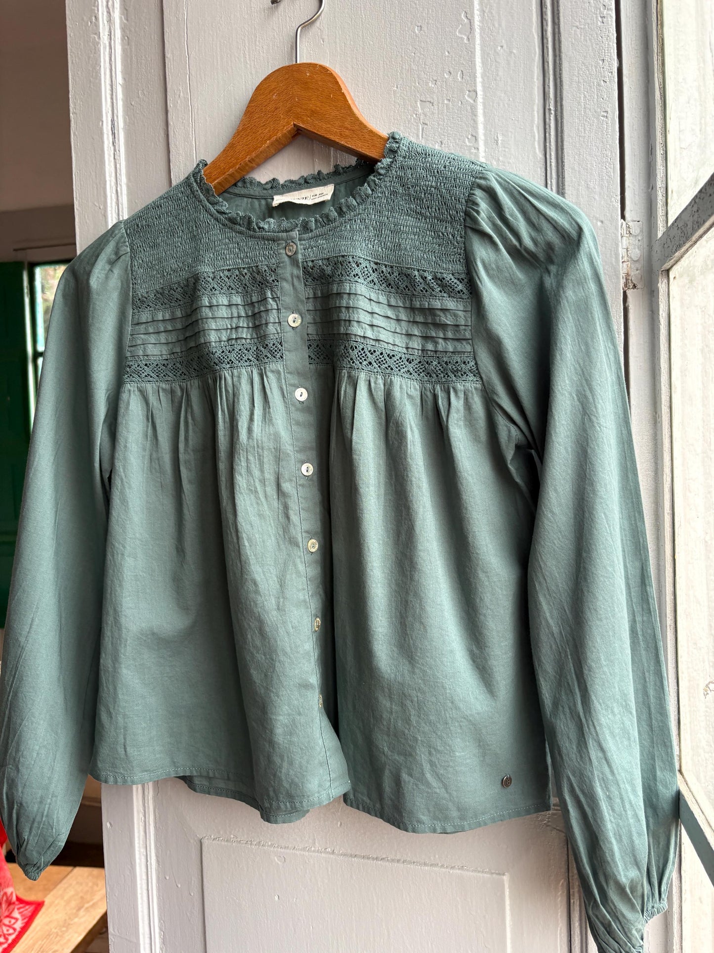 Romantic Sage Green Cotton Blouse, Womens size XXS Prairie Top, Cottagecore Feminine Button Shirt