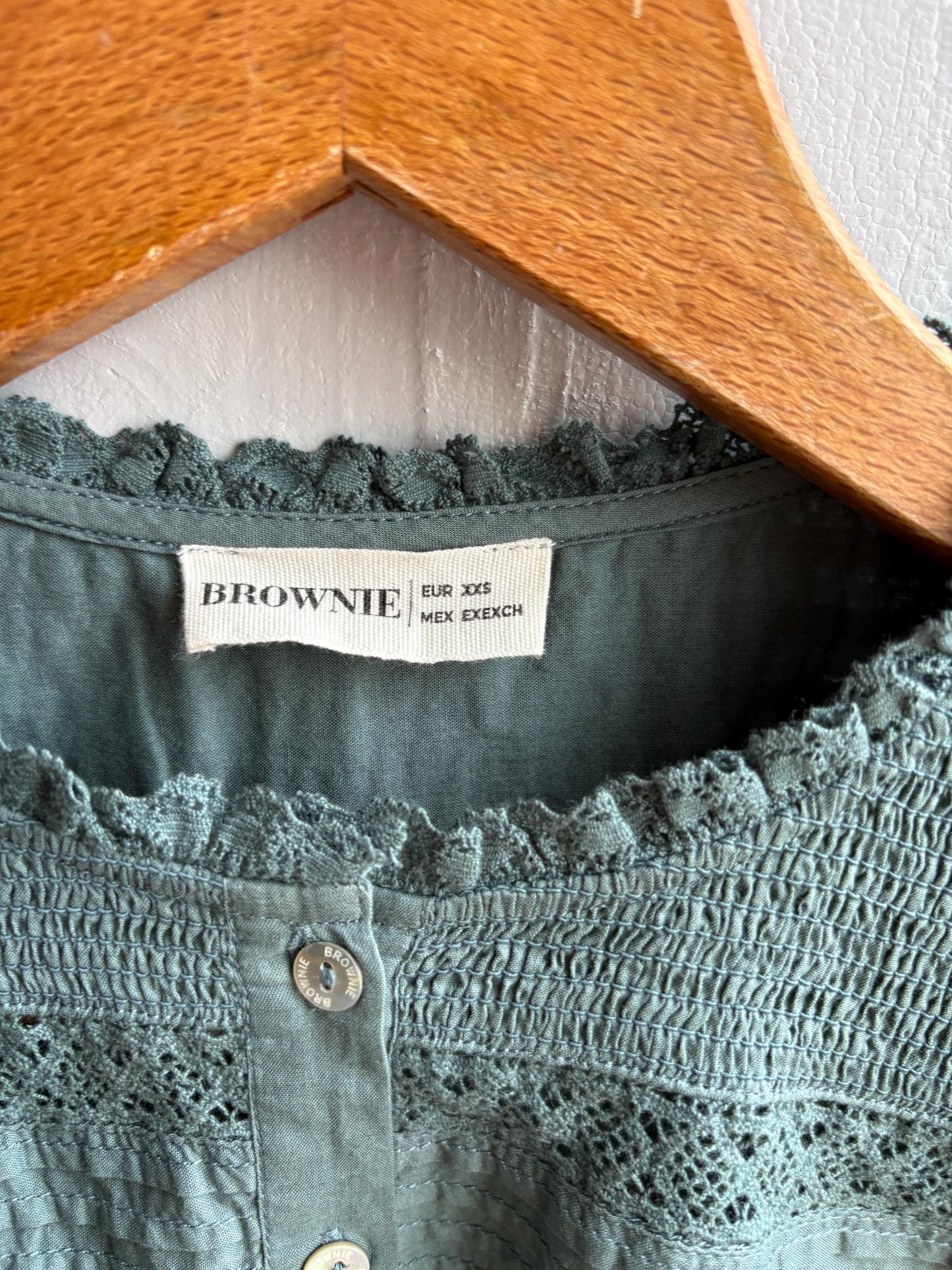 Romantic Sage Green Cotton Blouse, Womens size XXS Prairie Top, Cottagecore Feminine Button Shirt