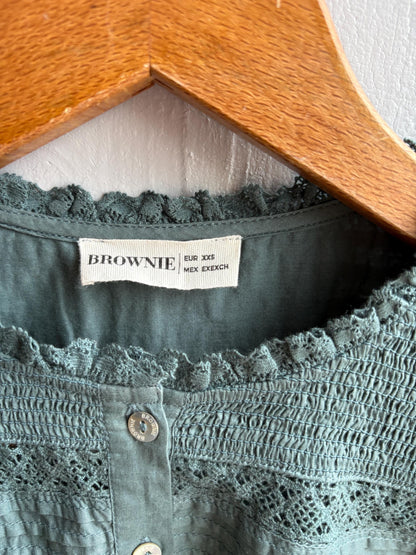 Romantic Sage Green Cotton Blouse, Womens size XXS Prairie Top, Cottagecore Feminine Button Shirt