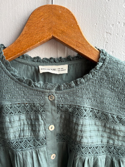 Romantic Sage Green Cotton Blouse, Womens size XXS Prairie Top, Cottagecore Feminine Button Shirt