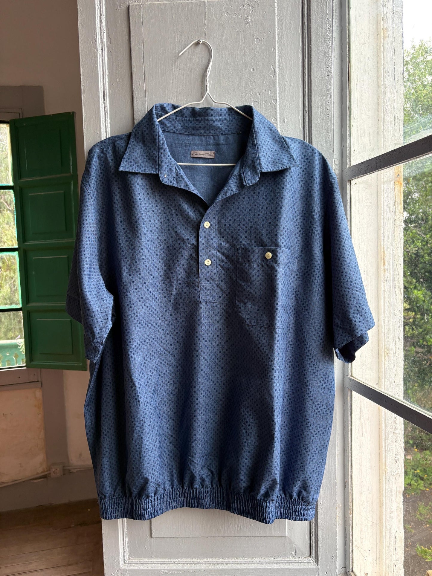 Vintage Emidio Tucci Blue Polo Shirt, Mens Retro Pattern button up, Lightweight Branded Summer Top, XL