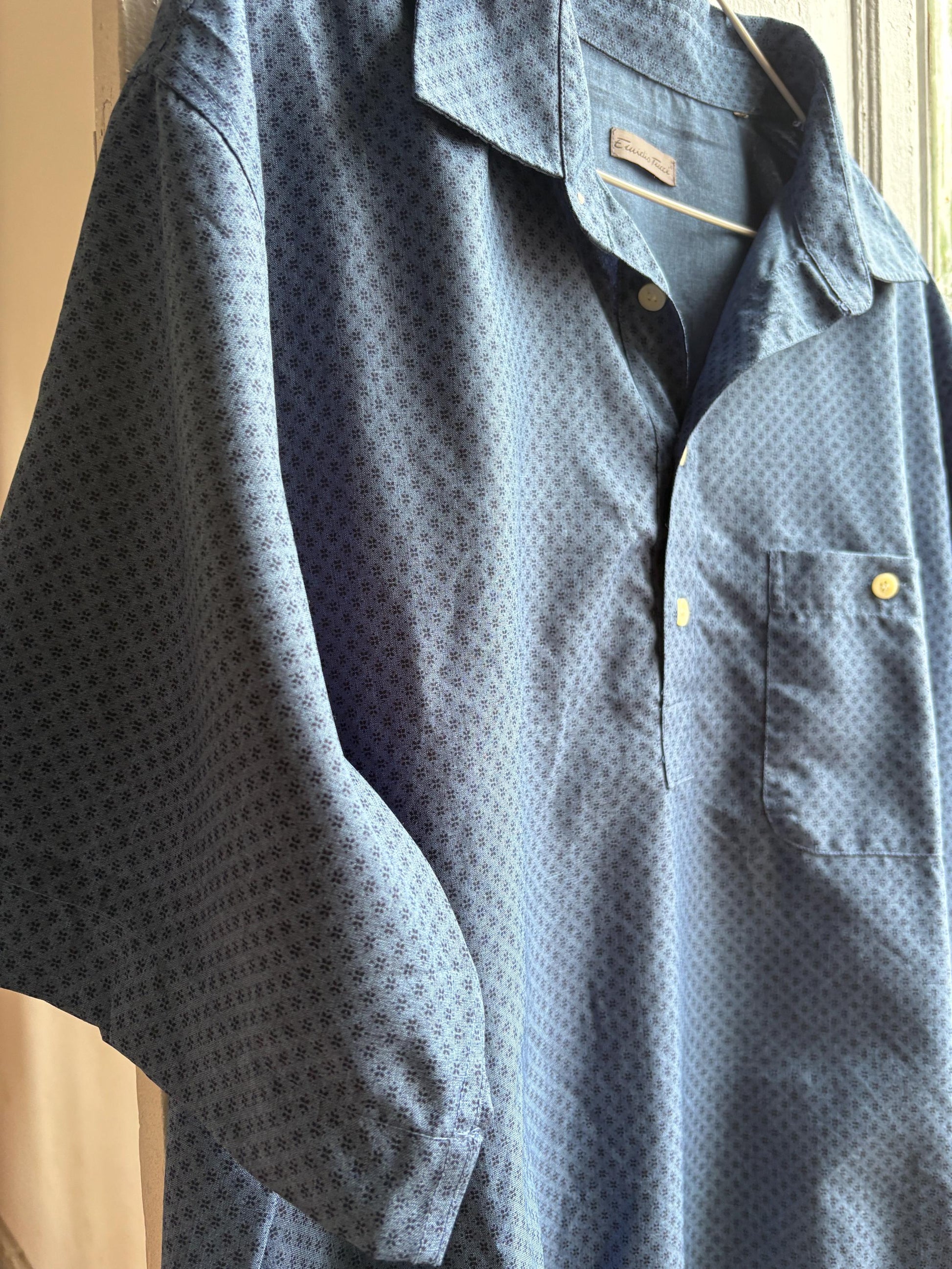 Vintage Emidio Tucci Blue Polo Shirt, Mens Retro Pattern button up, Lightweight Branded Summer Top, XL
