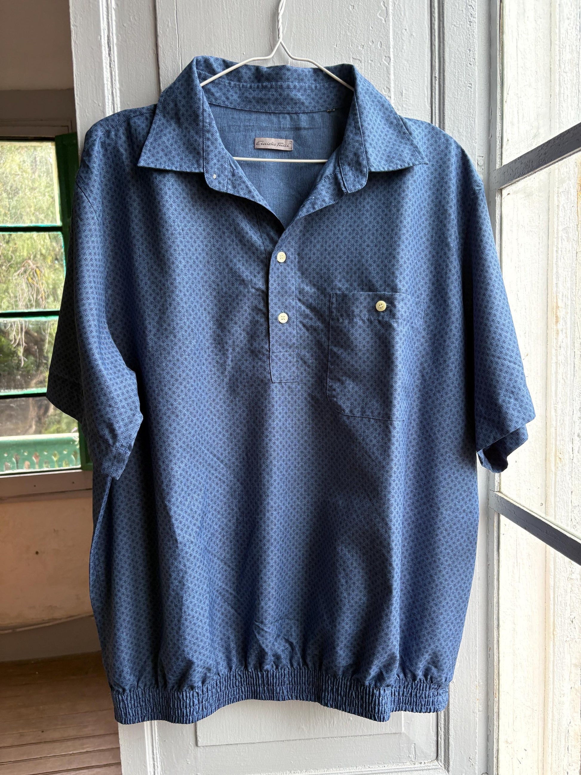 Vintage Emidio Tucci Blue Polo Shirt, Mens Retro Pattern button up, Lightweight Branded Summer Top, XL