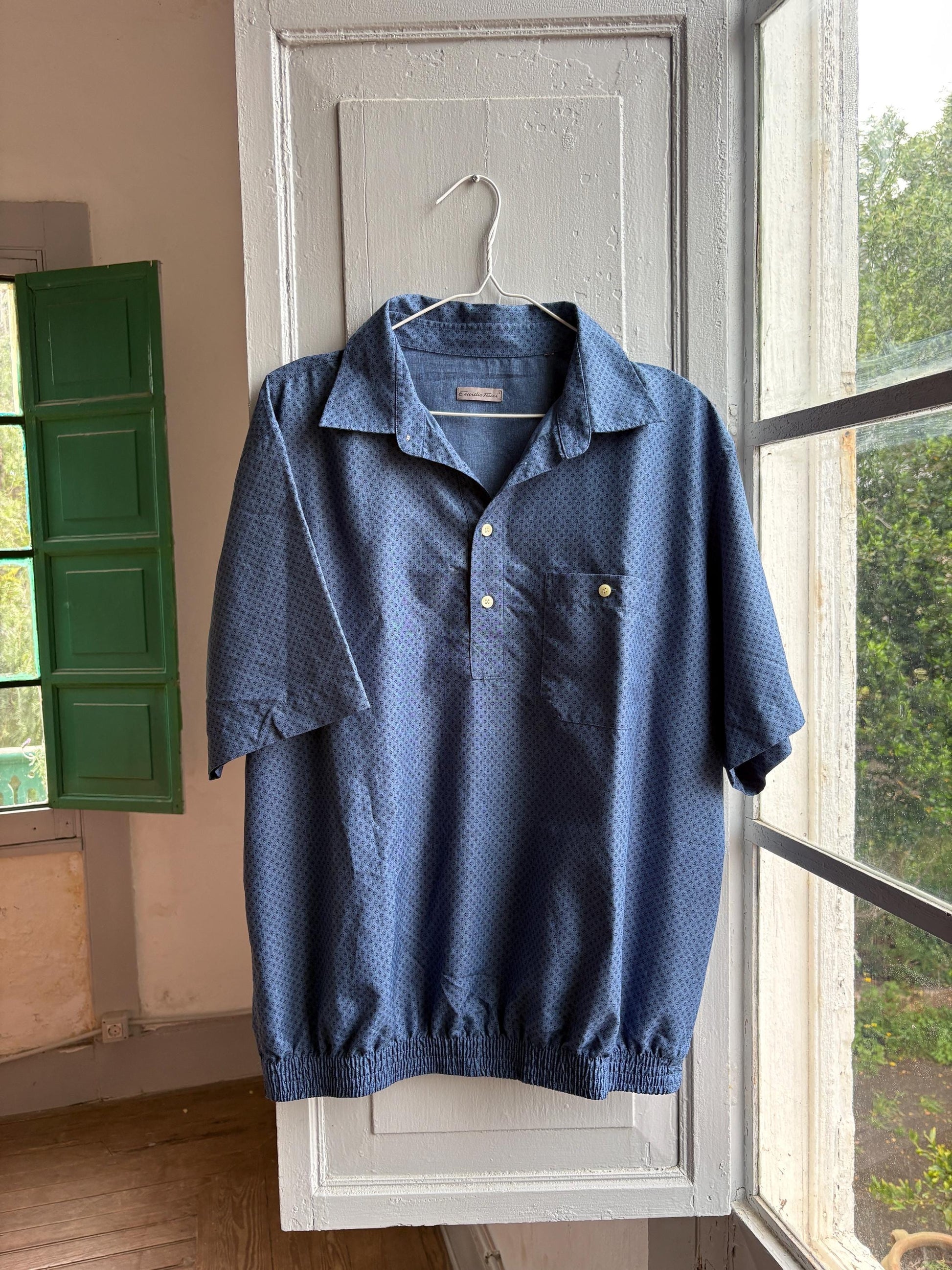 Vintage Emidio Tucci Blue Polo Shirt, Mens Retro Pattern button up, Lightweight Branded Summer Top, XL