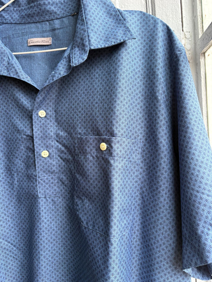 Vintage Emidio Tucci Blue Polo Shirt, Mens Retro Pattern button up, Lightweight Branded Summer Top, XL