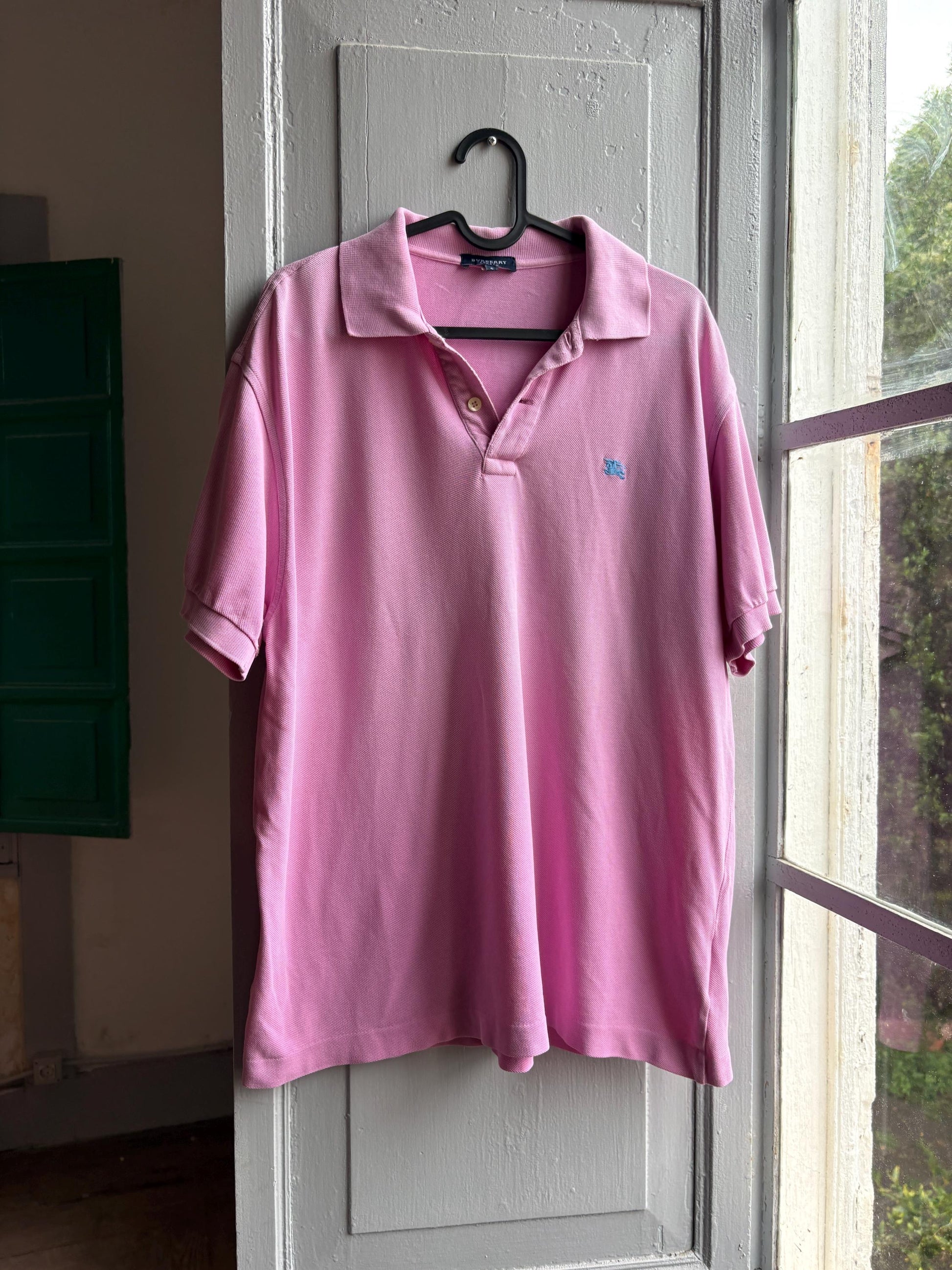 Vintage Burberry London Pink Polo Shirt, Mens Cotton branded wear, Made In Spain Luxury preppy golf style, Size L