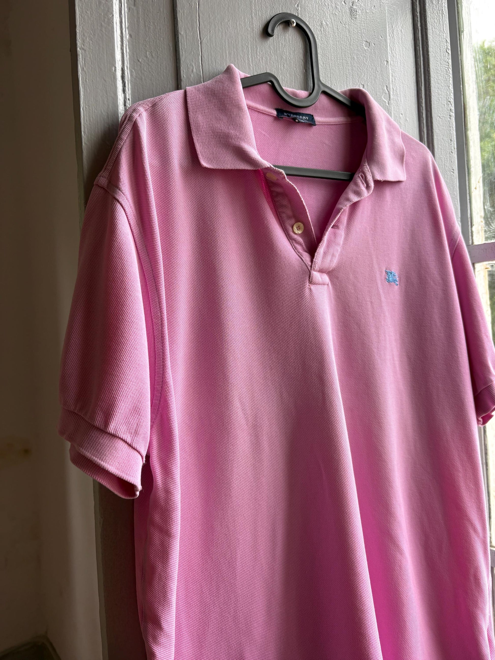 Vintage Burberry London Pink Polo Shirt, Mens Cotton branded wear, Made In Spain Luxury preppy golf style, Size L