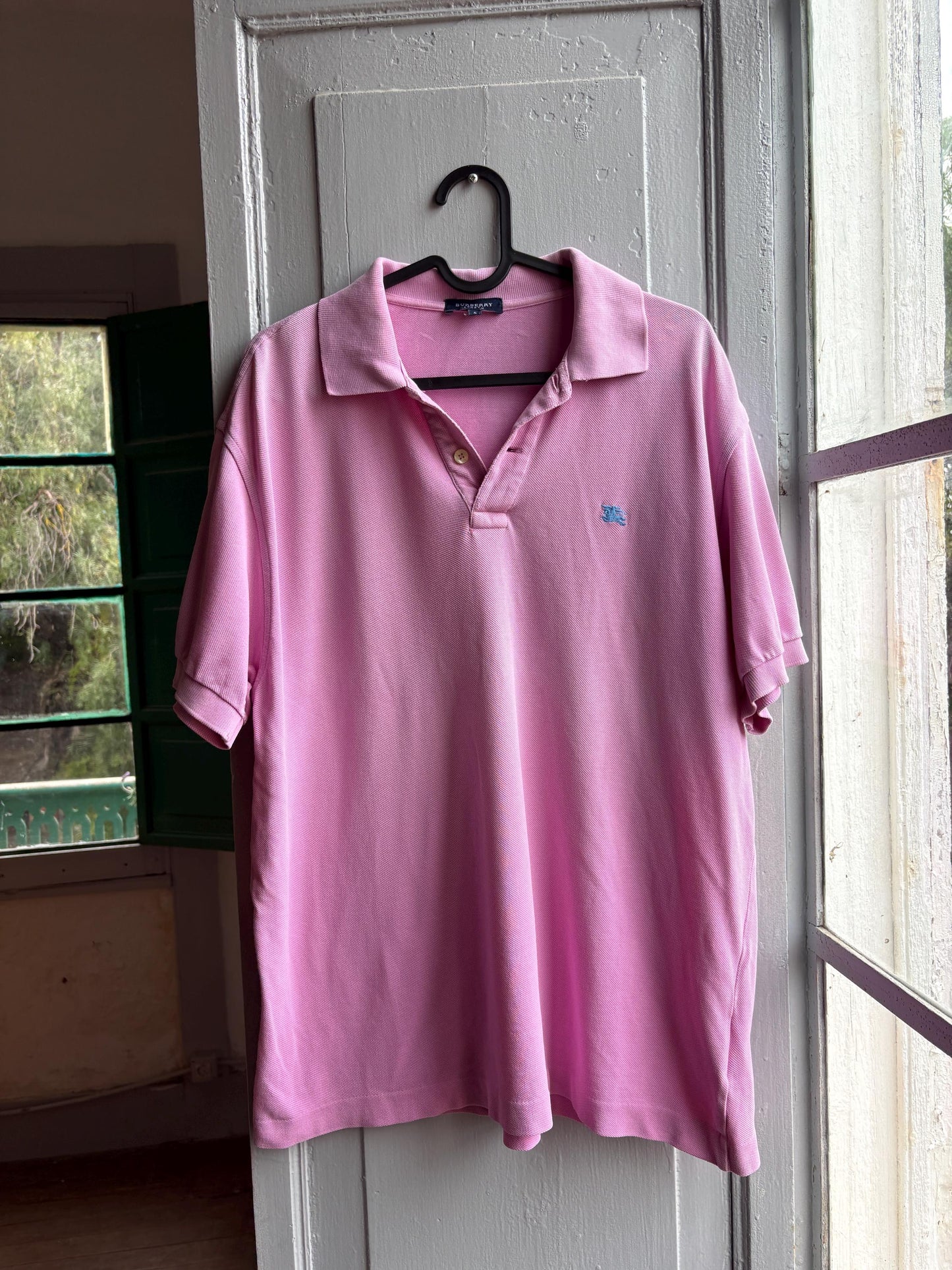 Vintage Burberry London Pink Polo Shirt, Mens Cotton branded wear, Made In Spain Luxury preppy golf style, Size L