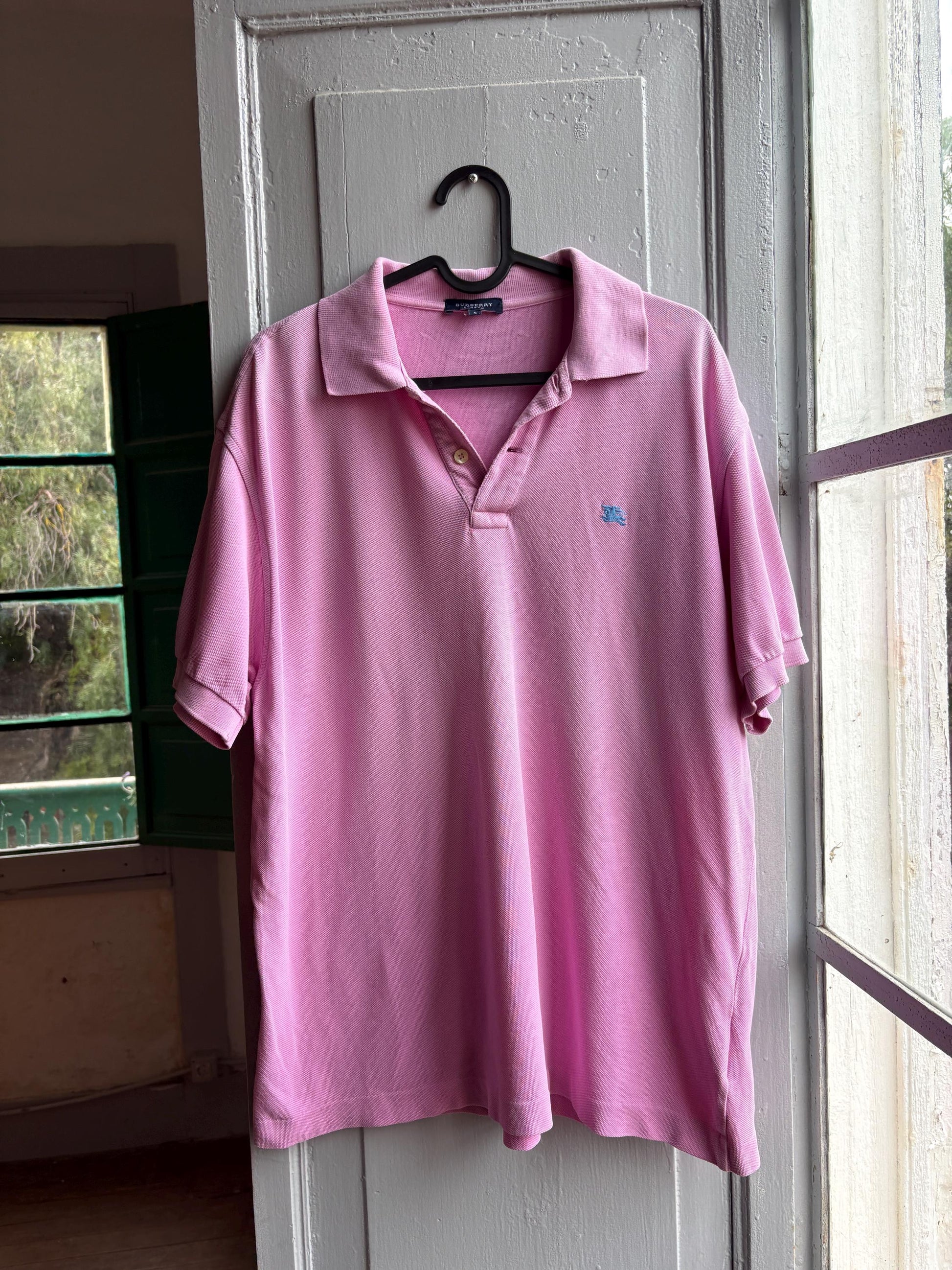 Vintage Burberry London Pink Polo Shirt, Mens Cotton branded wear, Made In Spain Luxury preppy golf style, Size L