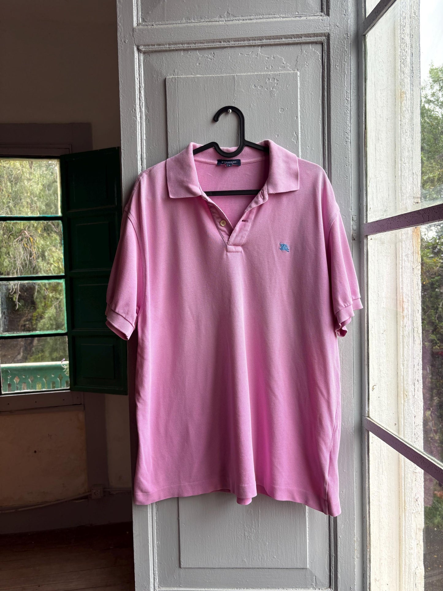 Vintage Burberry London Pink Polo Shirt, Mens Cotton branded wear, Made In Spain Luxury preppy golf style, Size L