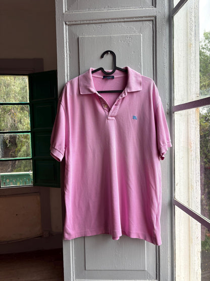 Vintage Burberry London Pink Polo Shirt, Mens Cotton branded wear, Made In Spain Luxury preppy golf style, Size L