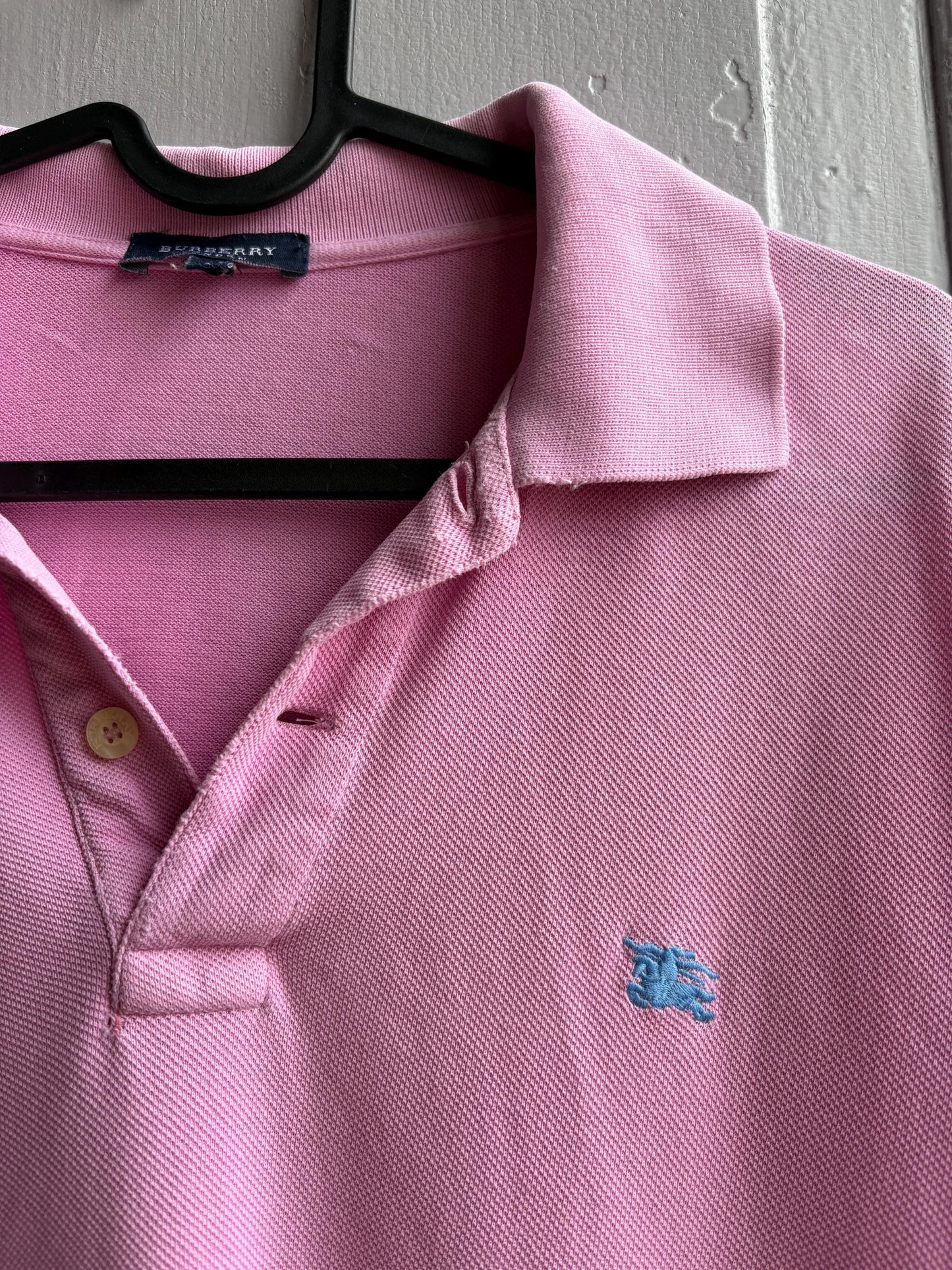 Vintage Burberry London Pink Polo Shirt, Mens Cotton branded wear, Made In Spain Luxury preppy golf style, Size L