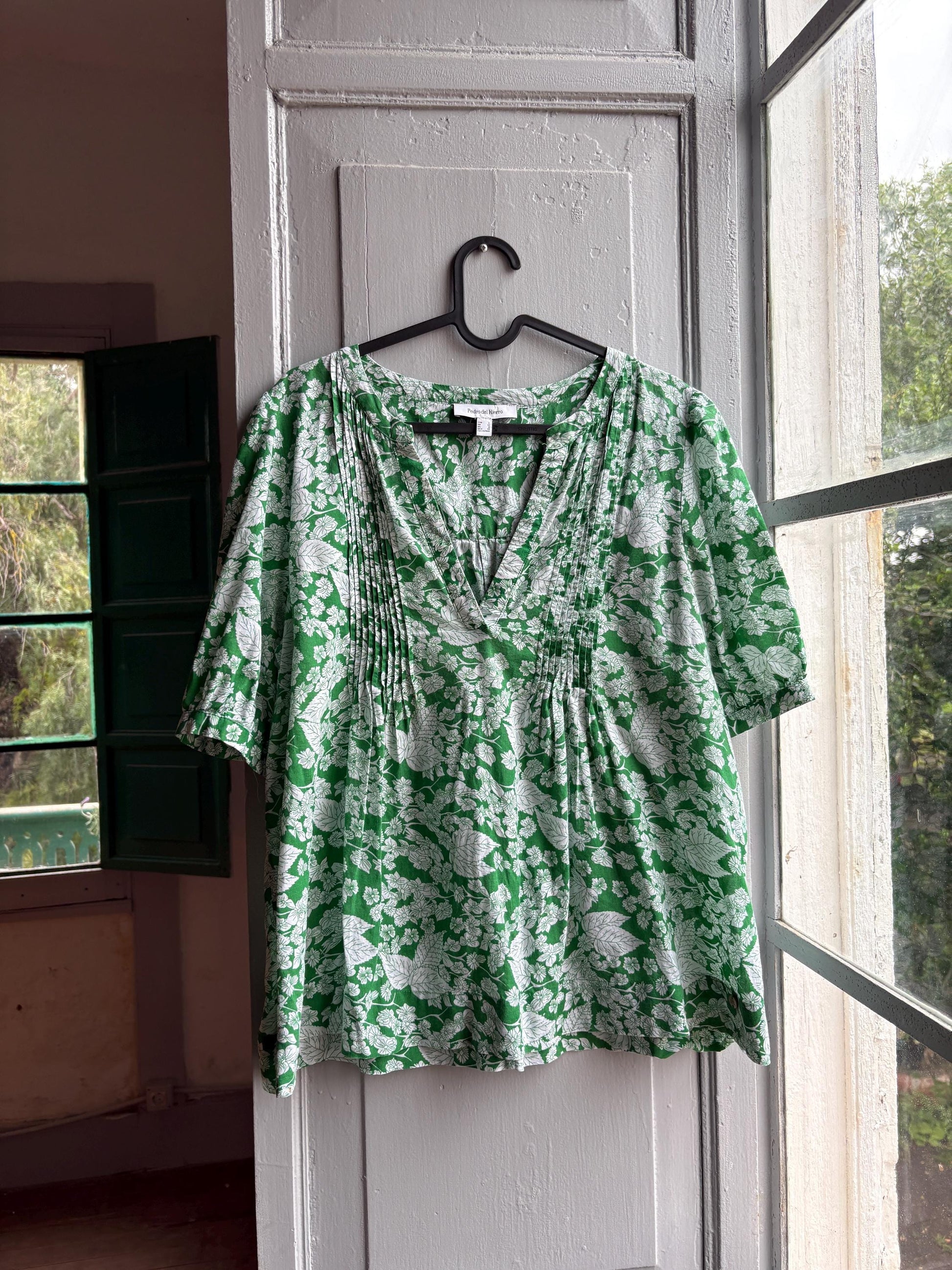 Floral Green Cotton Blouse by Pedro Del Hierro — fabric close-up
