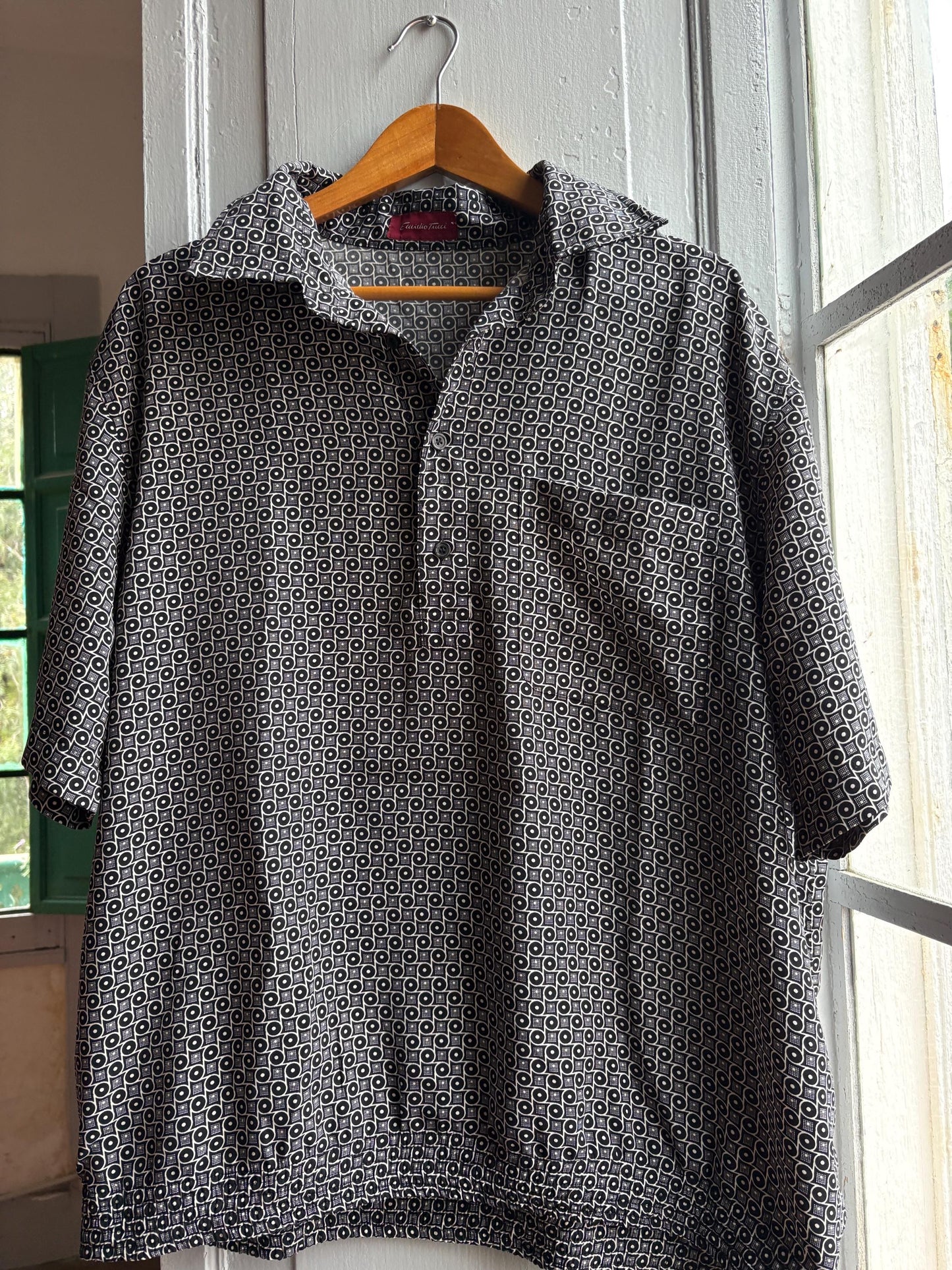Vintage Emidio Tucci Pattern Polo Shirt, Mens Geometric Print Lightweight Summer clothing, Designer Relaxed Retro Top