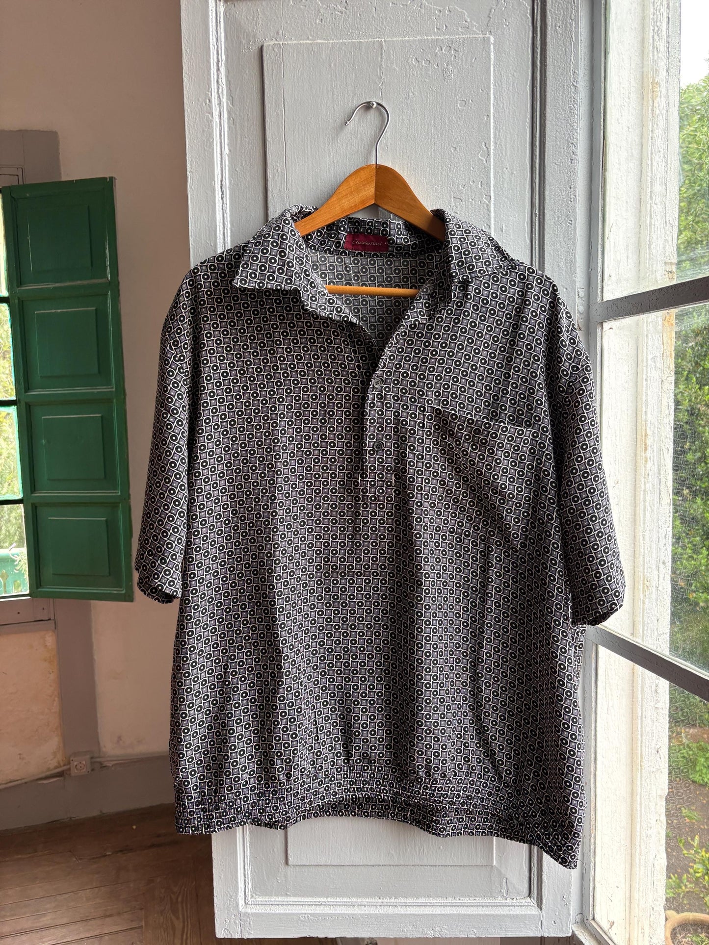 Vintage Emidio Tucci Pattern Polo Shirt, Mens Geometric Print Lightweight Summer clothing, Designer Relaxed Retro Top
