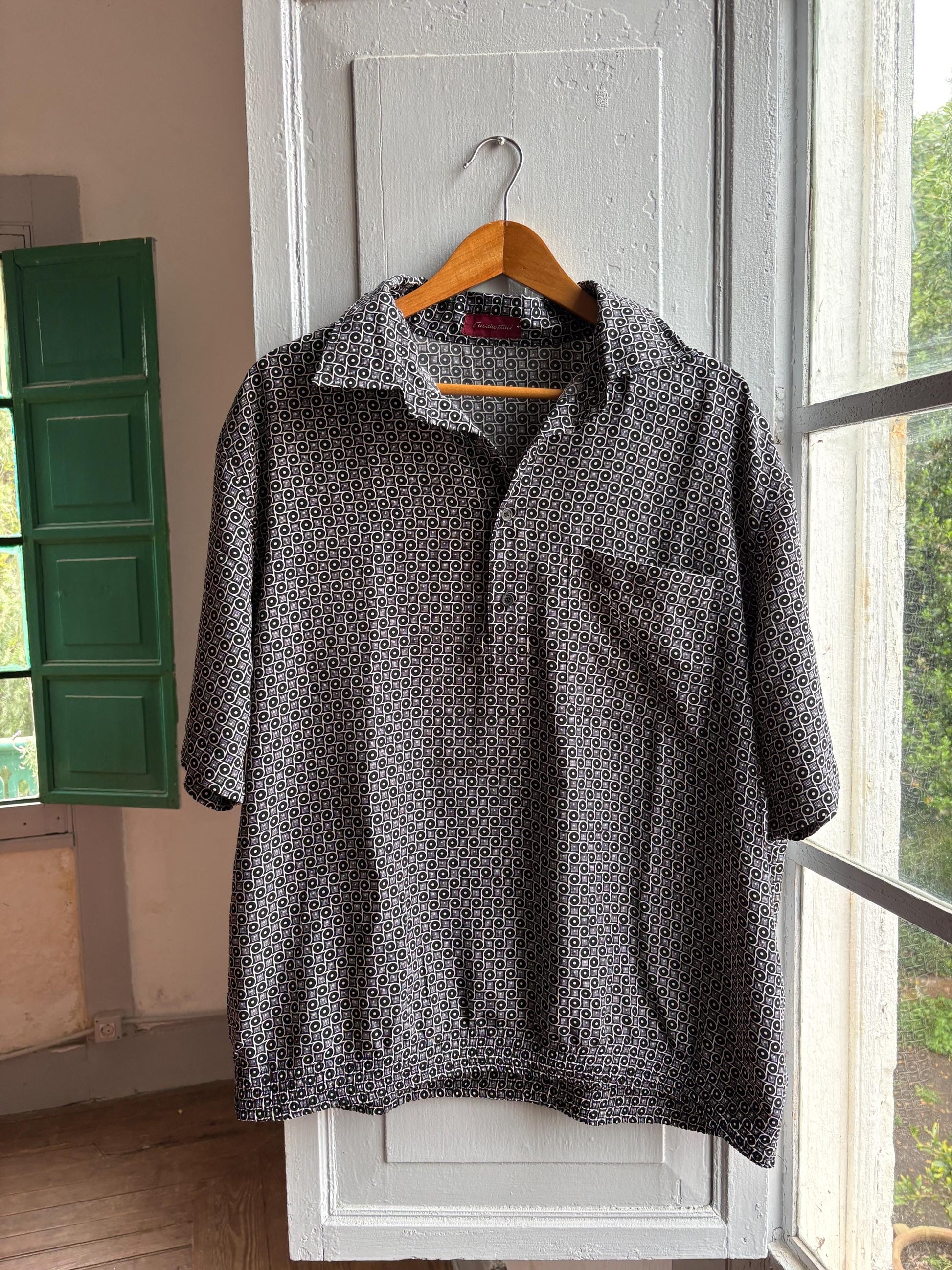 Vintage Emidio Tucci Pattern Polo Shirt, Mens Geometric Print Lightweight Summer clothing, Designer Relaxed Retro Top