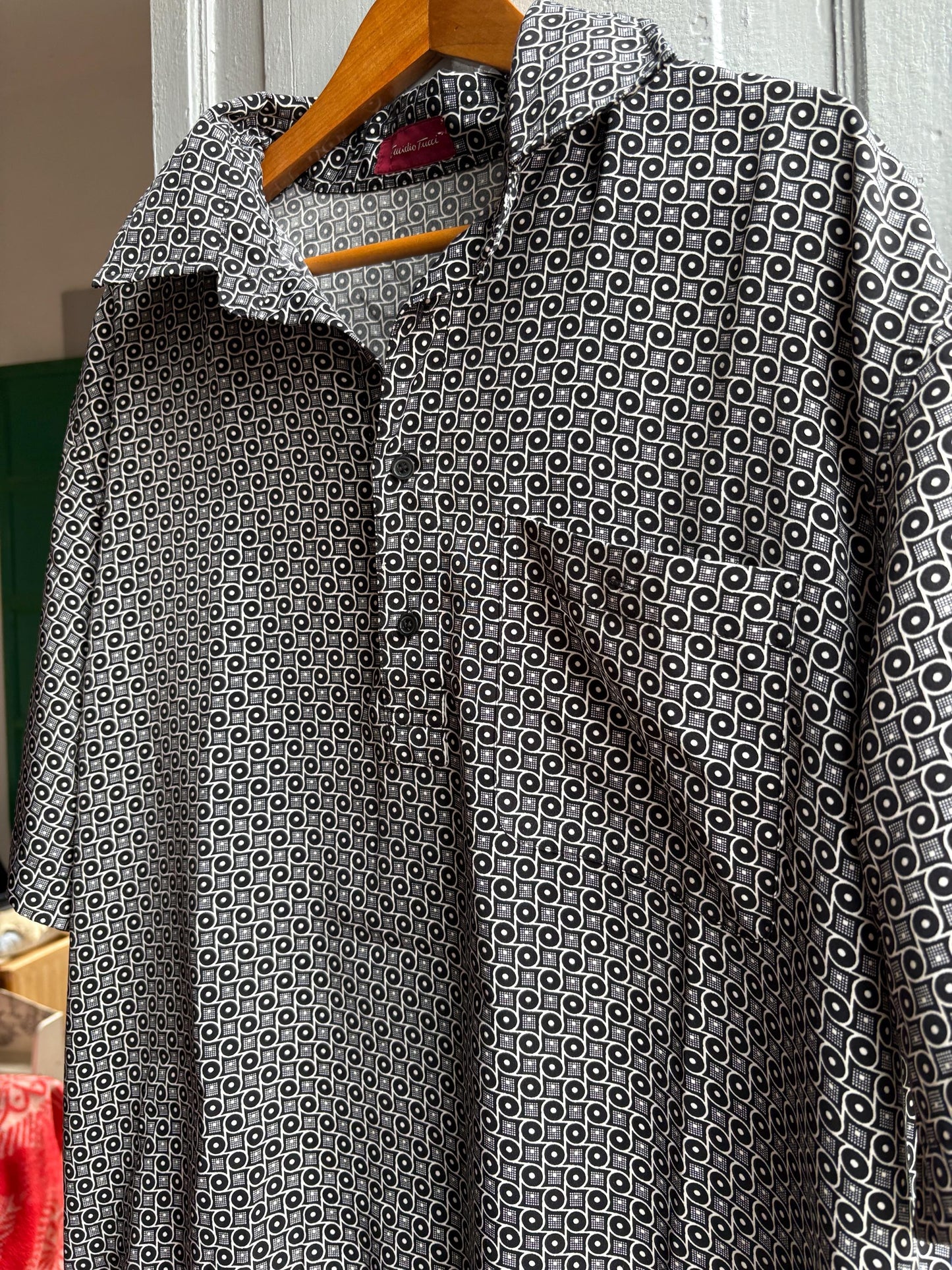 Vintage Emidio Tucci Pattern Polo Shirt, Mens Geometric Print Lightweight Summer clothing, Designer Relaxed Retro Top