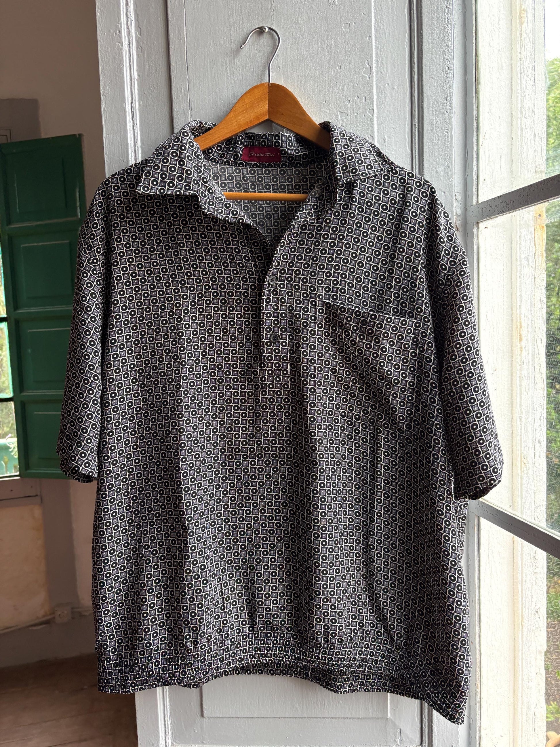 Vintage Emidio Tucci Pattern Polo Shirt, Mens Geometric Print Lightweight Summer clothing, Designer Relaxed Retro Top