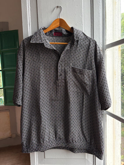 Vintage Emidio Tucci Pattern Polo Shirt, Mens Geometric Print Lightweight Summer clothing, Designer Relaxed Retro Top