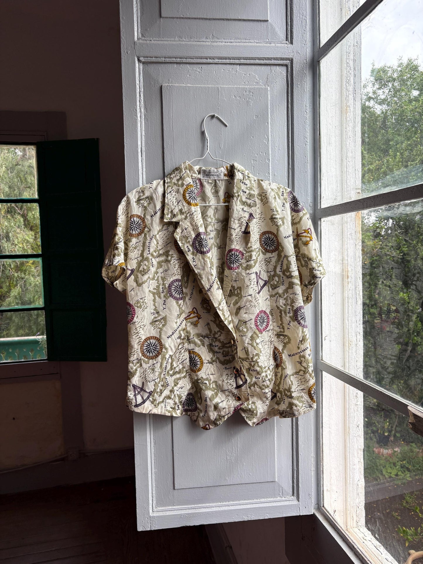 Vintage Nautical Map Blouse — fabric close-up