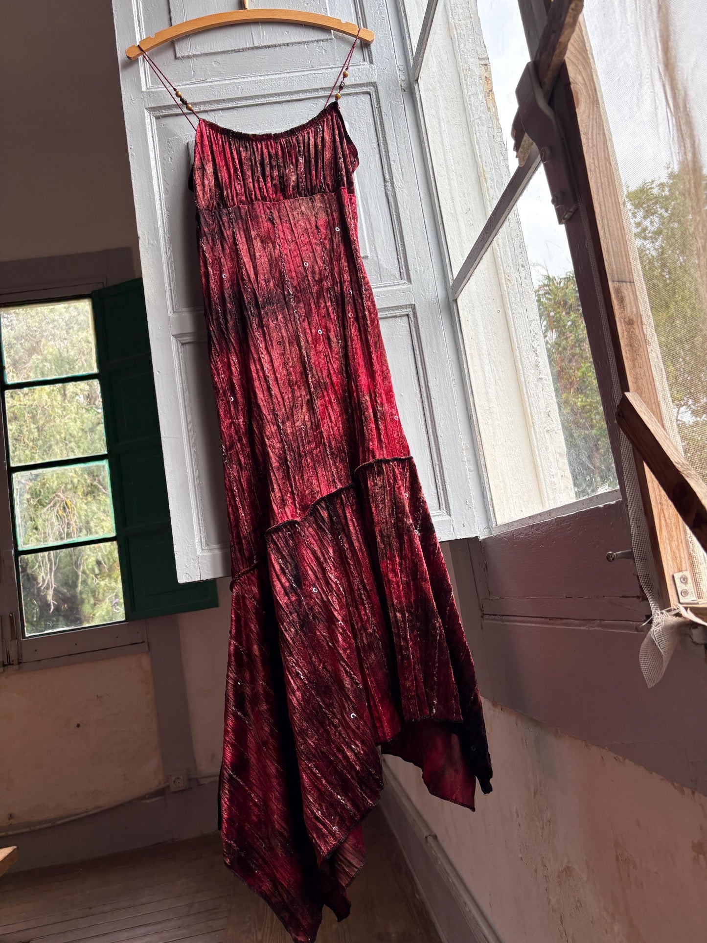 Vintage Red Velvet Sequin Midi Dress — back view