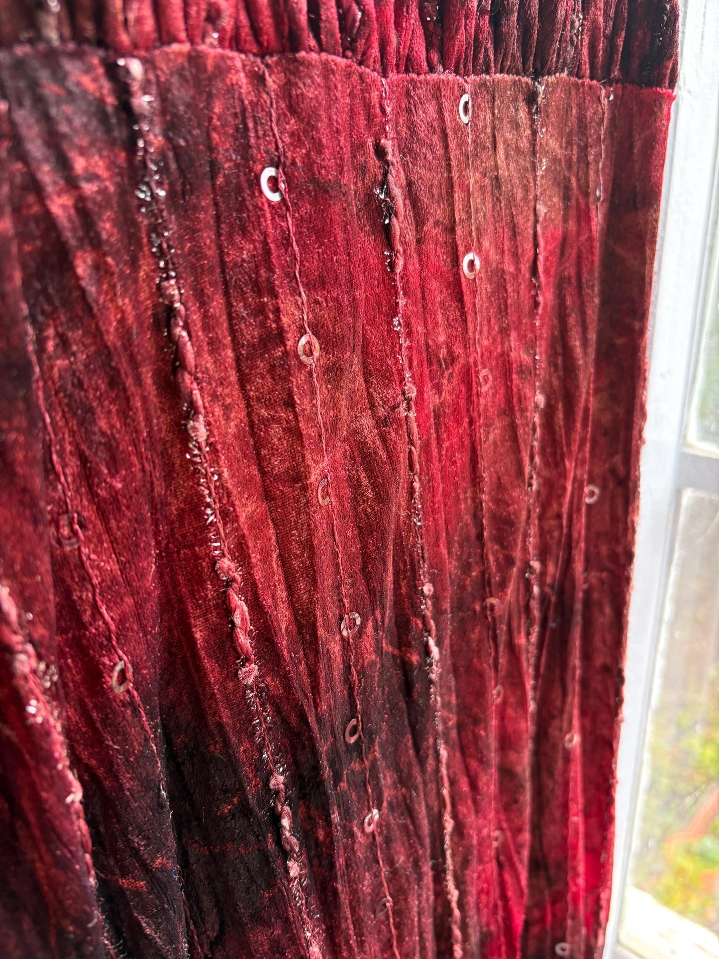 Vintage Red Velvet Sequin Midi Dress — fabric close-up
